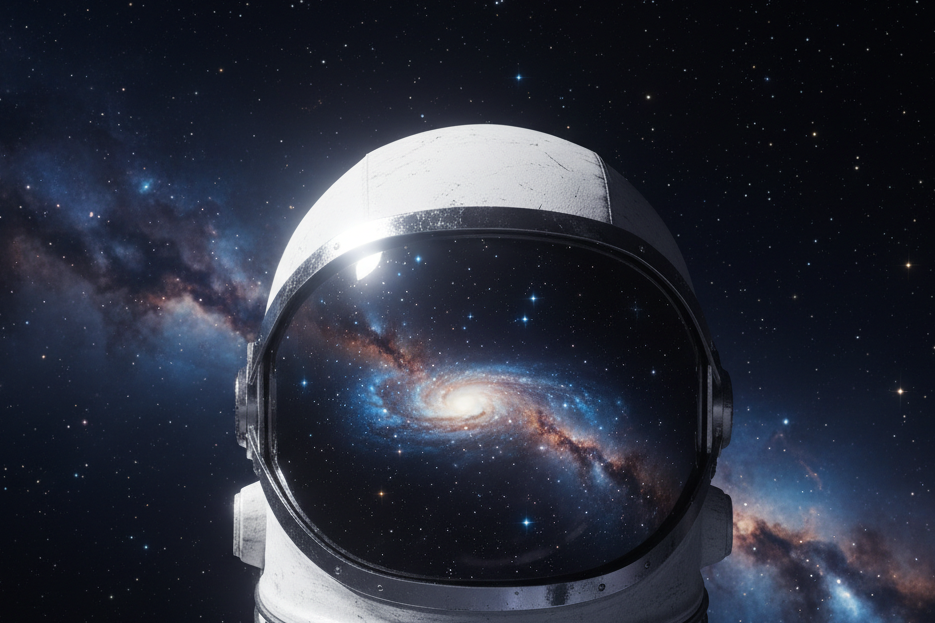 astronout helmet close up in starry space 